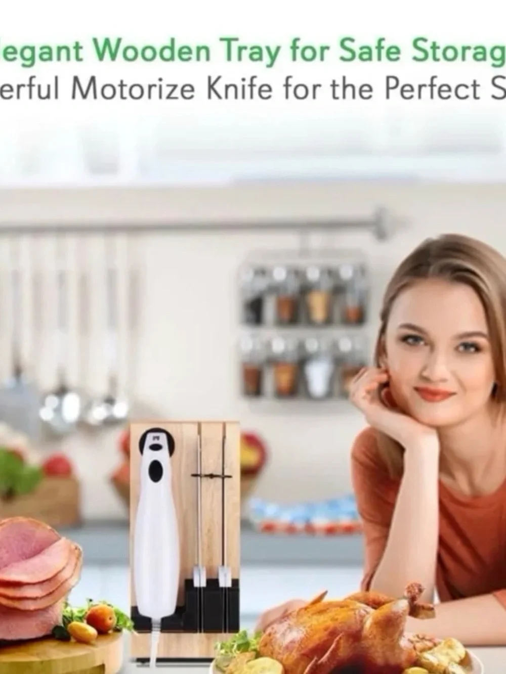Nutrichef Electric Carving Knife Set with Wooden Block - White